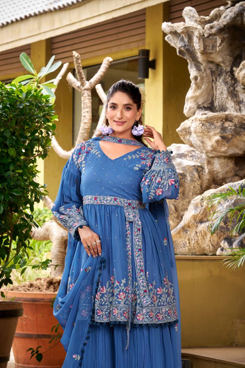 Designer Blue Plazzo Outfit with Elegant Embroidery Work