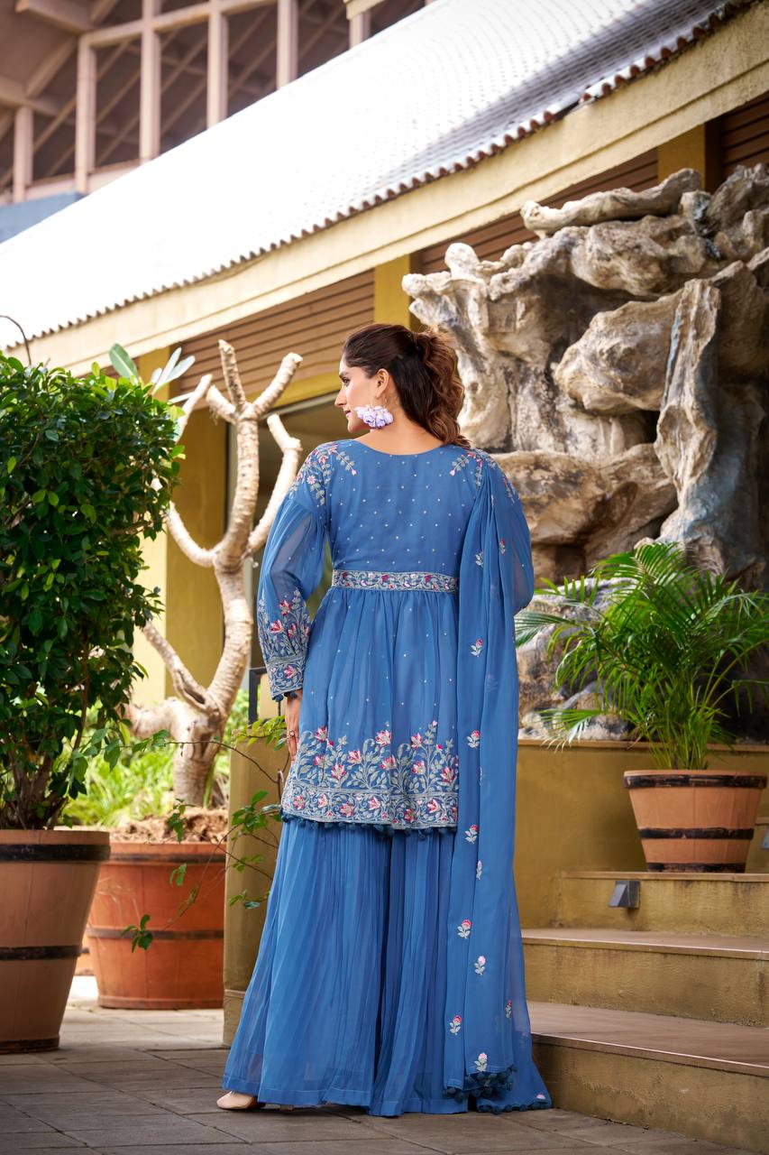 Designer Blue Plazzo Outfit with Elegant Embroidery Work