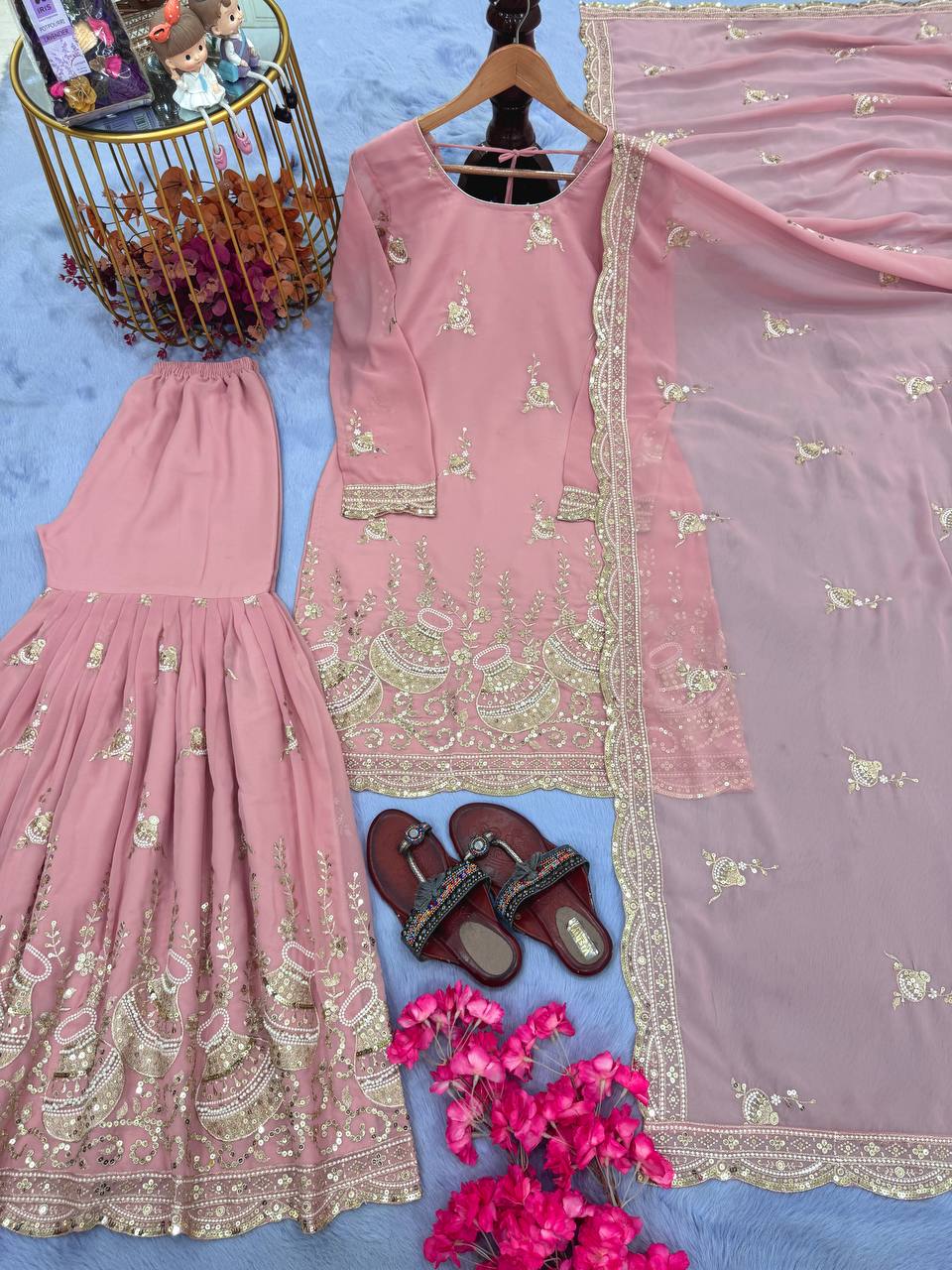Festive Pink Kurta Sharara Set with Intricate Embroidery Work