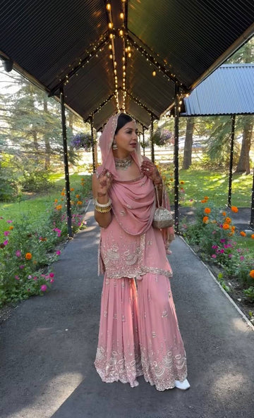 Festive Pink Kurta Sharara Set with Intricate Embroidery Work