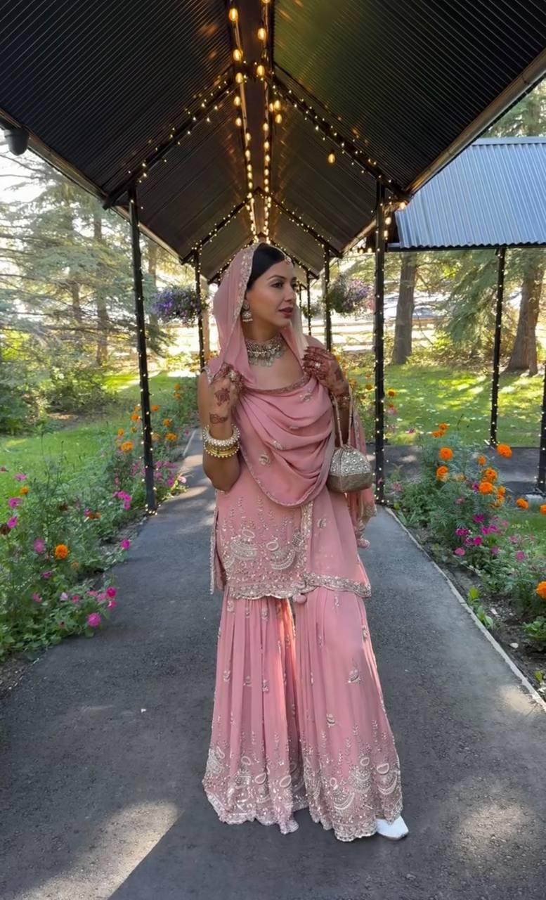Festive Pink Kurta Sharara Set with Intricate Embroidery Work