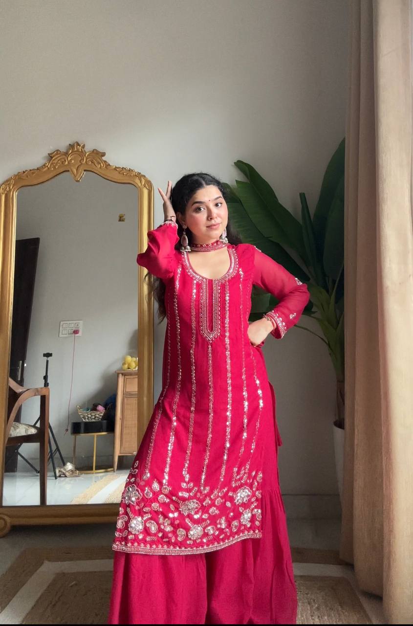 Royal Purple Embroidered Kurta Sharara Set with Dupatta For Festive Wear