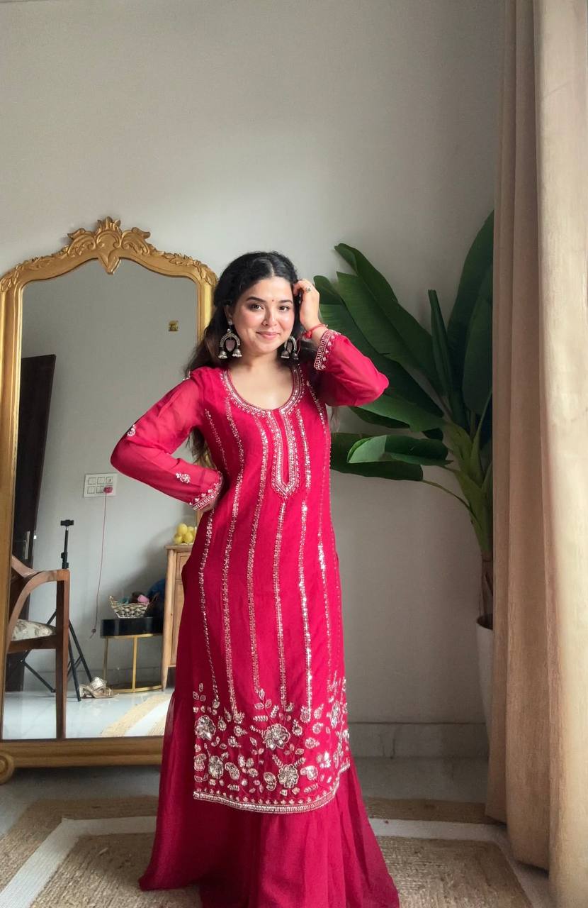 Royal Purple Embroidered Kurta Sharara Set with Dupatta For Festive Wear