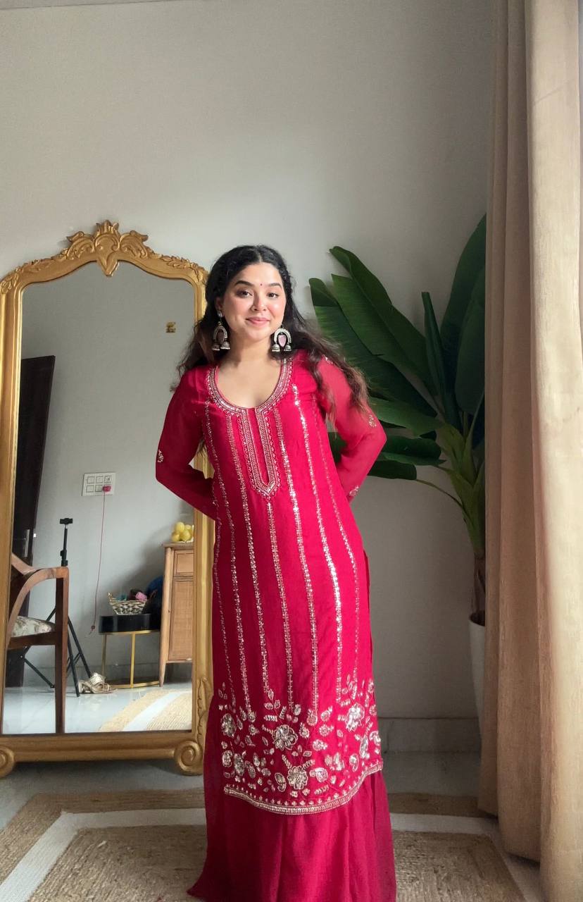 Royal Purple Embroidered Kurta Sharara Set with Dupatta For Festive Wear