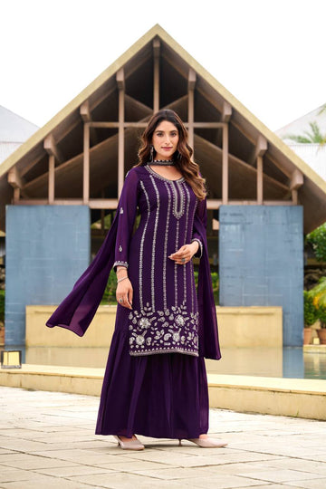 Royal Purple Embroidered Kurta Sharara Set with Dupatta For Festive Wear