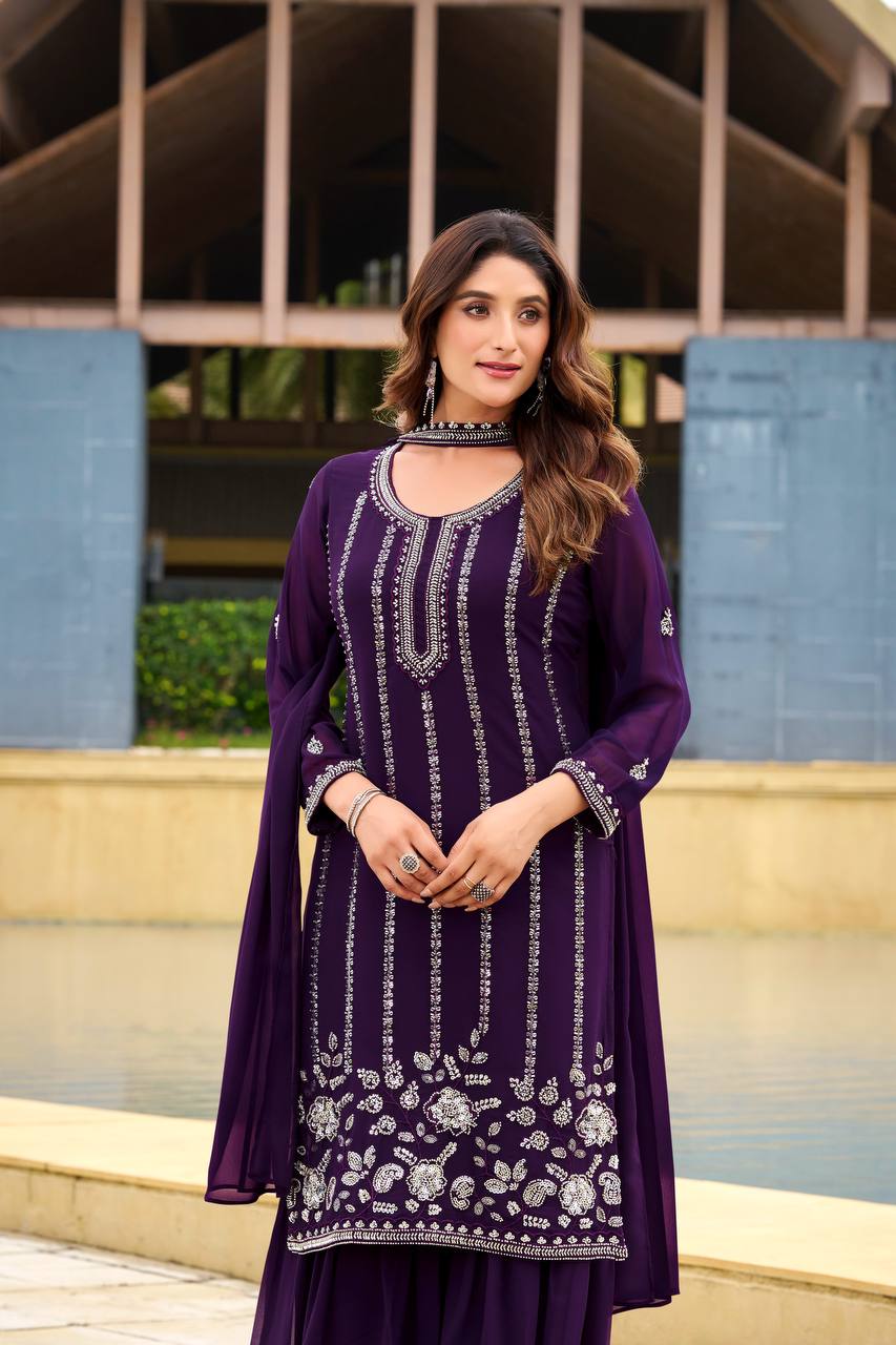 Royal Purple Embroidered Kurta Sharara Set with Dupatta For Festive Wear