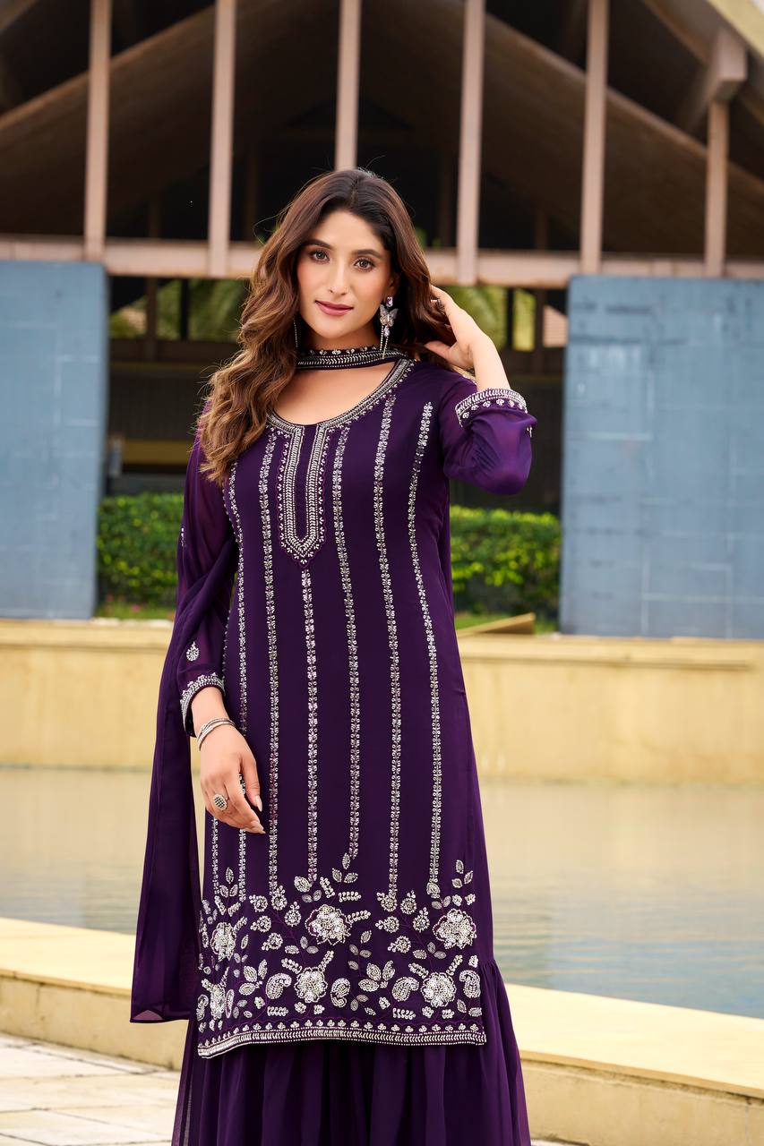 Royal Purple Embroidered Kurta Sharara Set with Dupatta For Festive Wear
