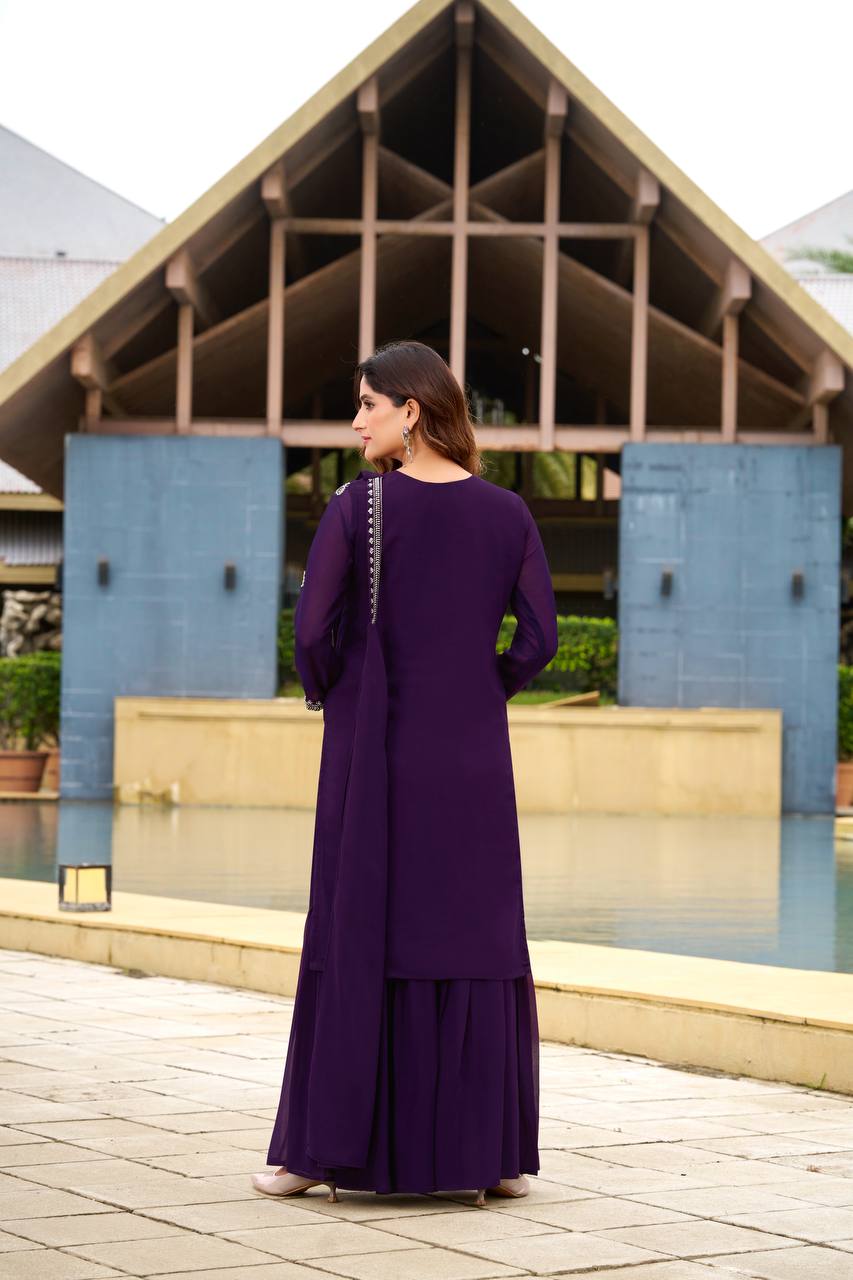 Royal Purple Embroidered Kurta Sharara Set with Dupatta For Festive Wear