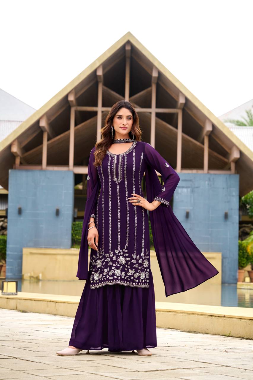 Royal Purple Embroidered Kurta Sharara Set with Dupatta For Festive Wear