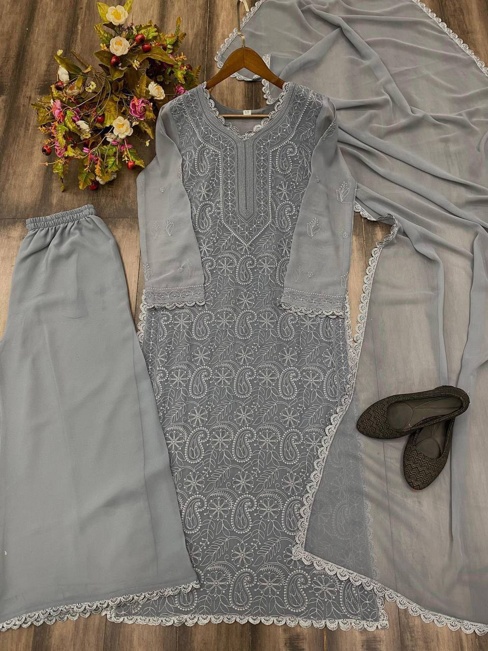 Stylish Grey Long Kurta Set for Party & Festive Wear For Women