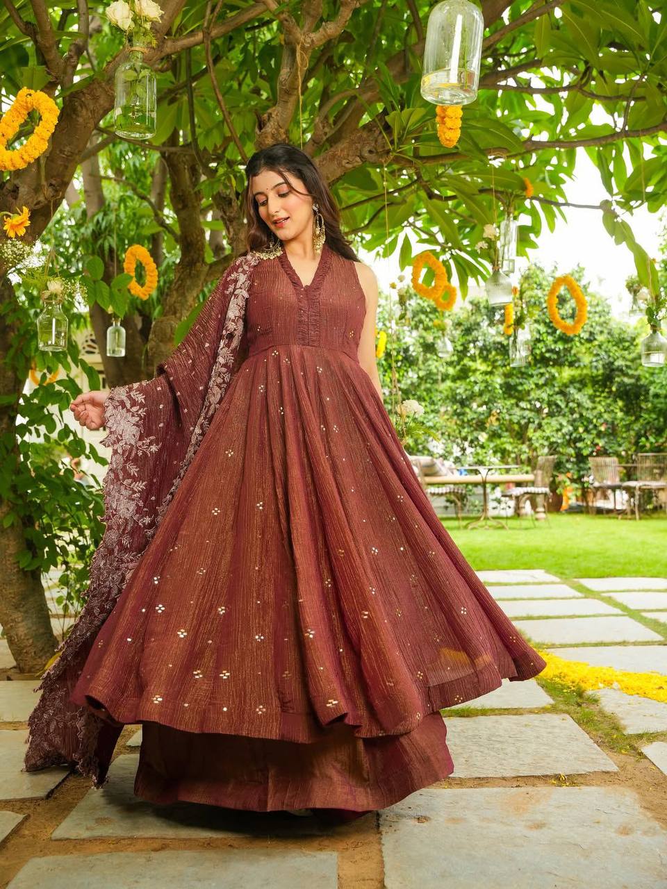Classic Rust Anarkali-Style Kurta with Matching Dupatta For Festive Wear
