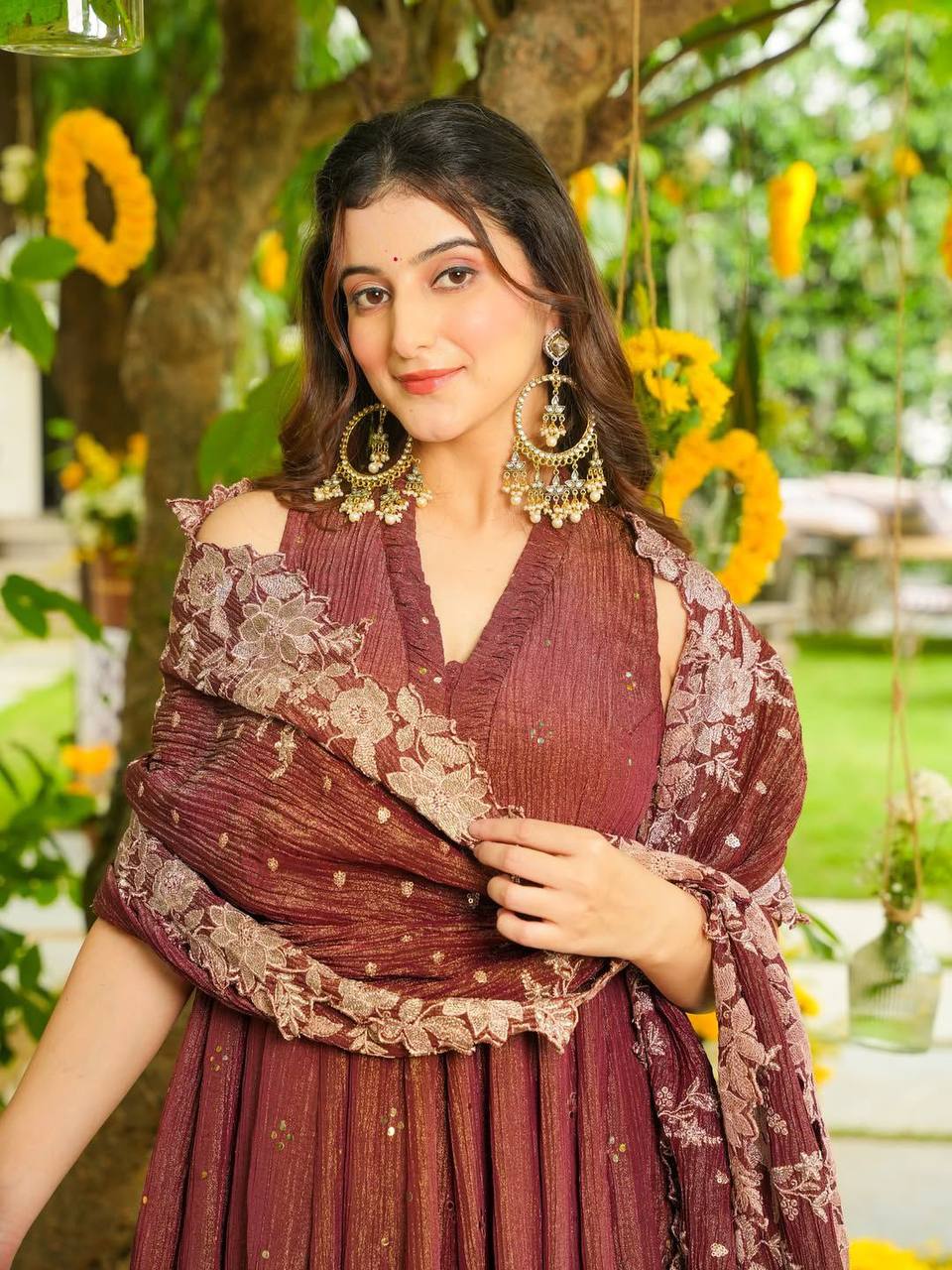 Classic Rust Anarkali-Style Kurta with Matching Dupatta For Festive Wear