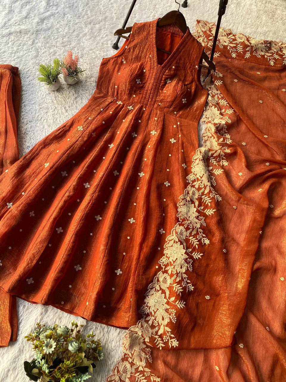 Classic Rust Anarkali-Style Kurta with Matching Dupatta For Festive Wear