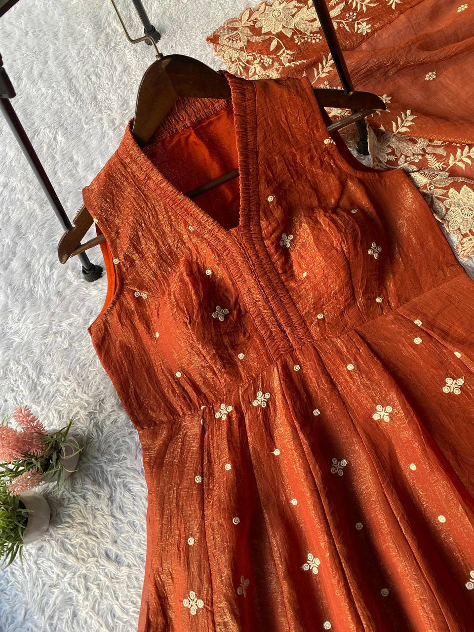 Classic Rust Anarkali-Style Kurta with Matching Dupatta For Festive Wear