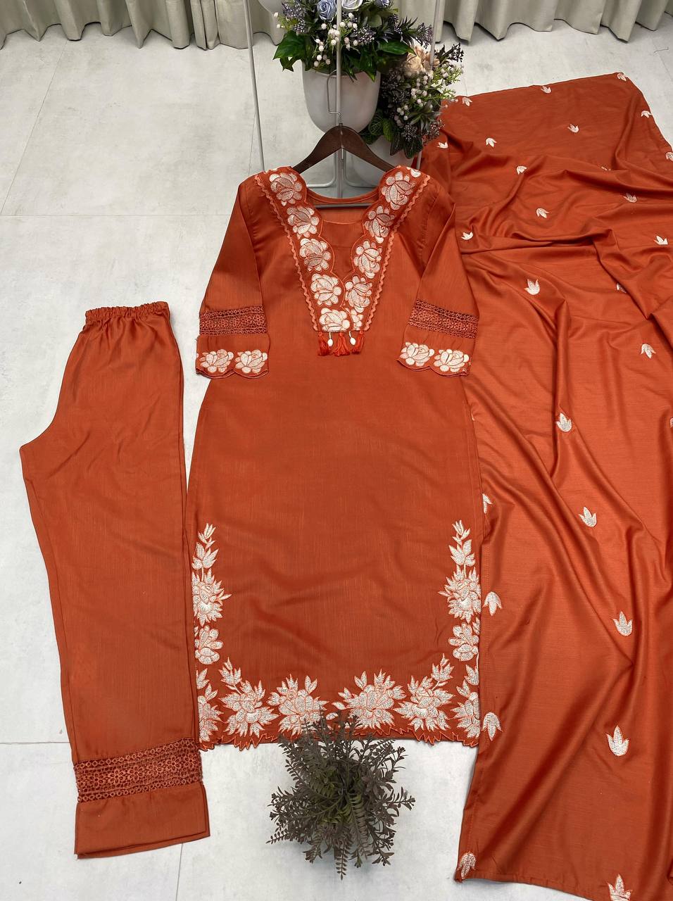 Rust Orange Embroidered Cotton Kurta Set with Dupatta For Women