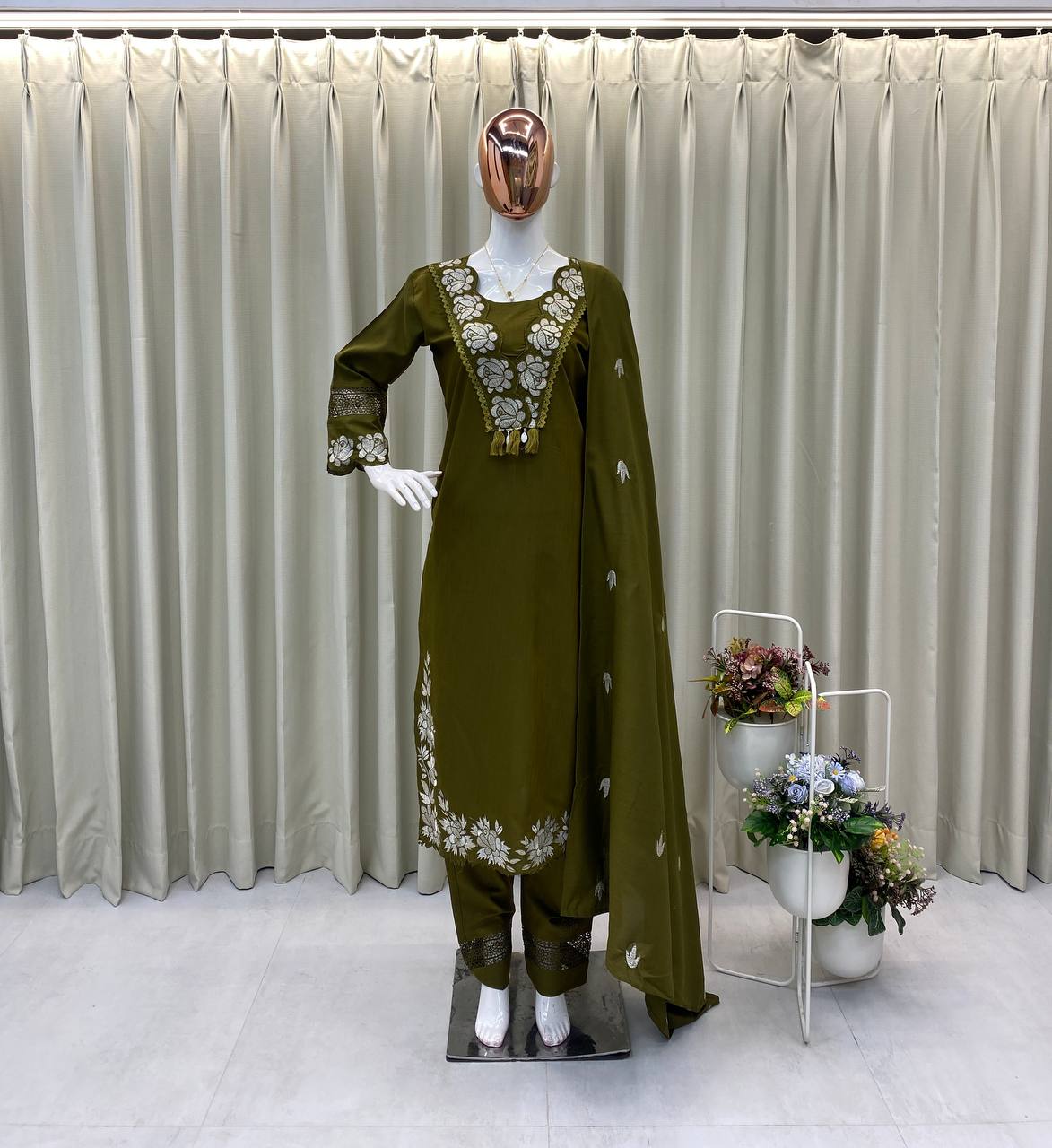 Rust Orange Embroidered Cotton Kurta Set with Dupatta For Women