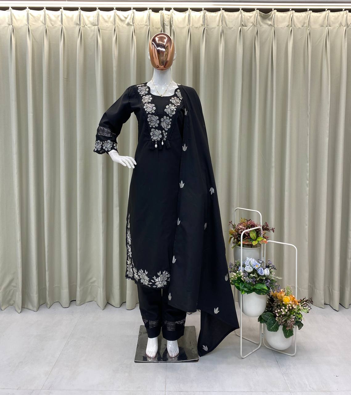 Rust Orange Embroidered Cotton Kurta Set with Dupatta For Women