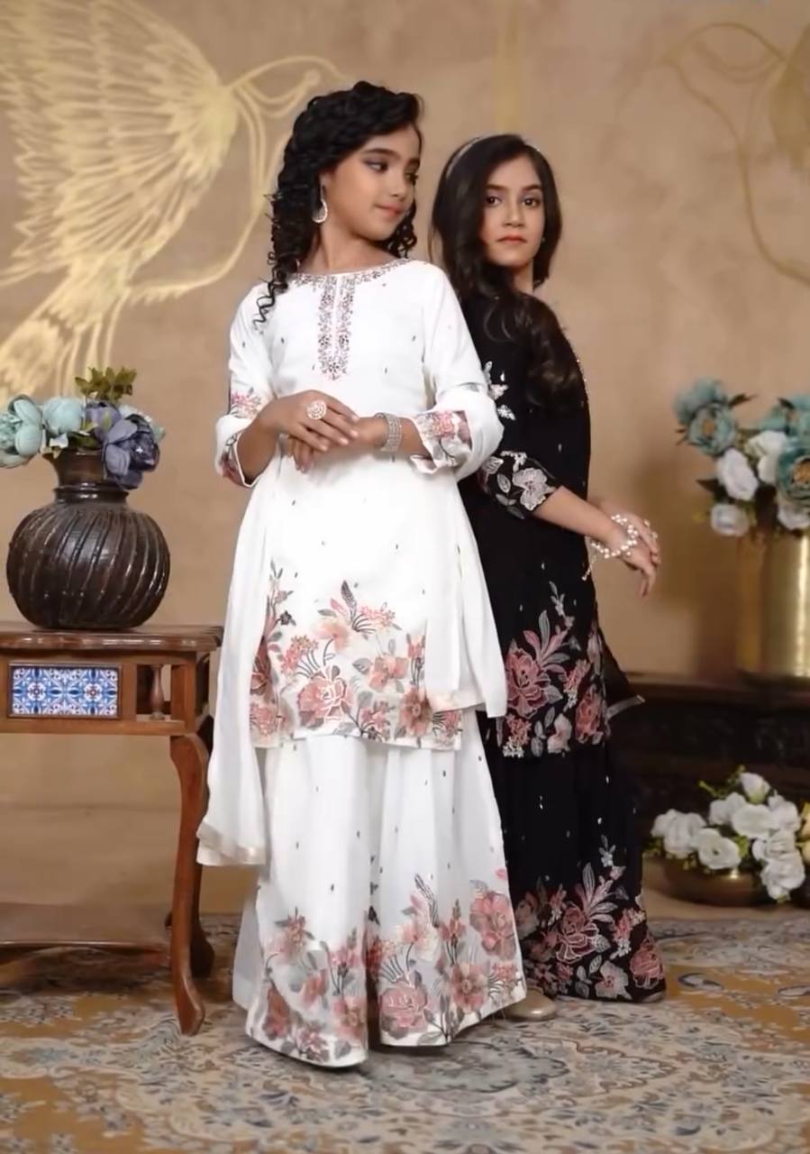Elegant Sharara Suit Set for Girls in White and Black Variants