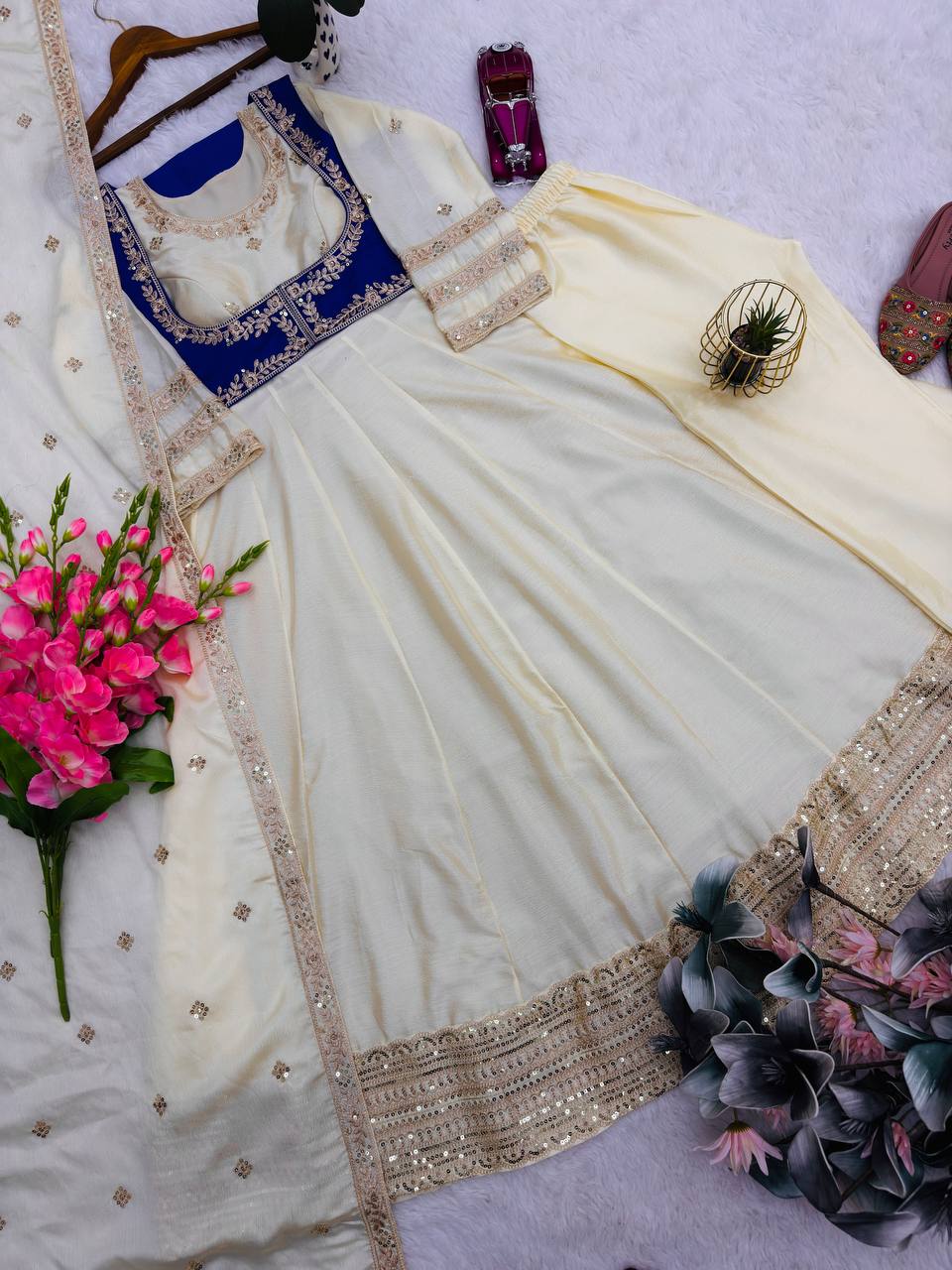 Ivory Anarkali Kurta Set with Royal Blue Embroidered Yoke & Dupatta