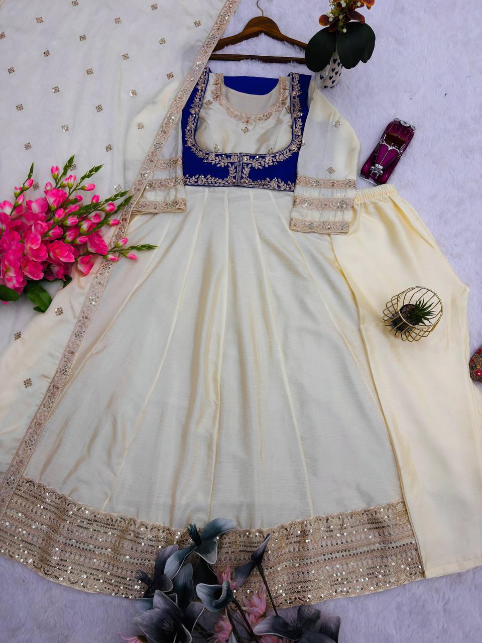 Ivory Anarkali Kurta Set with Royal Blue Embroidered Yoke & Dupatta