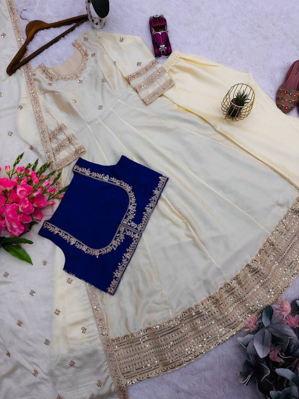 Ivory Anarkali Kurta Set with Royal Blue Embroidered Yoke & Dupatta