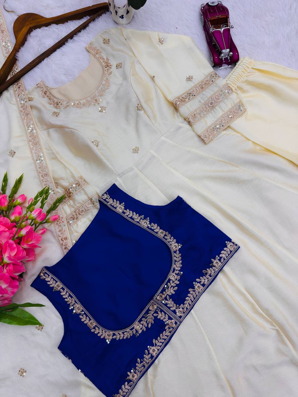 Ivory Anarkali Kurta Set with Royal Blue Embroidered Yoke & Dupatta