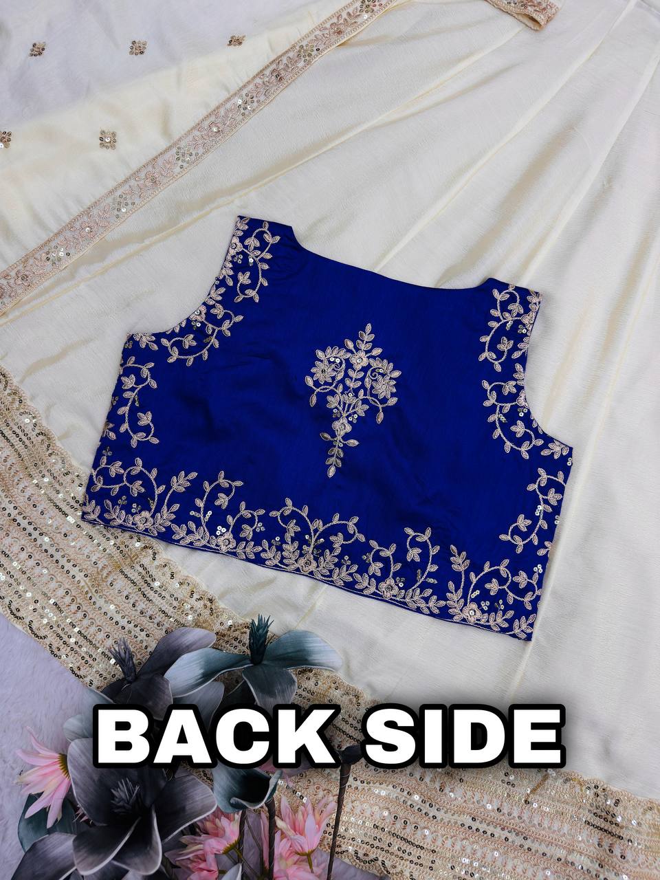 Ivory Anarkali Kurta Set with Royal Blue Embroidered Yoke & Dupatta