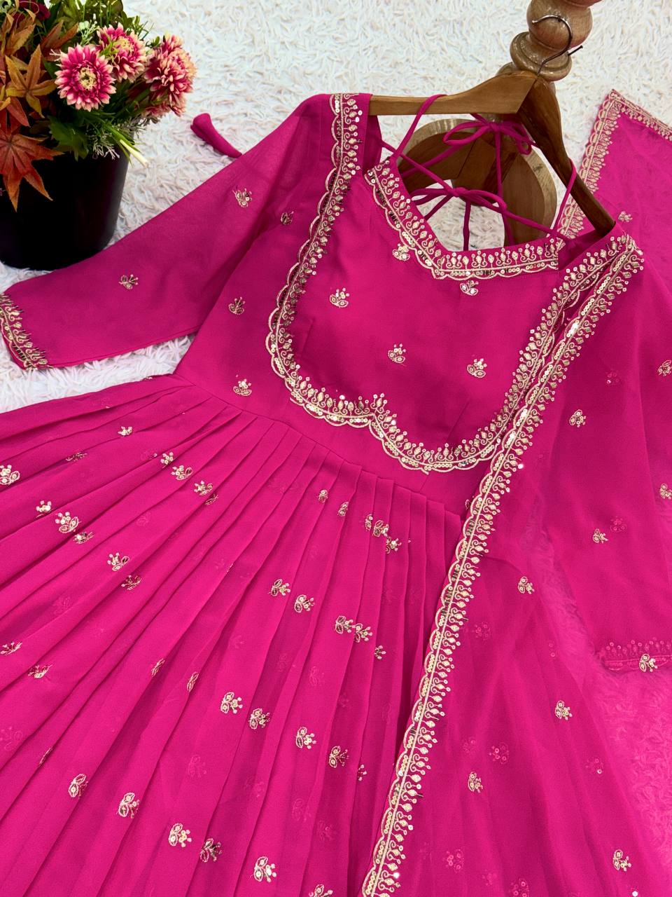 Hot Pink Embroidered Georgette Anarkali Suit with Dupatta – Festive & Wedding Wear