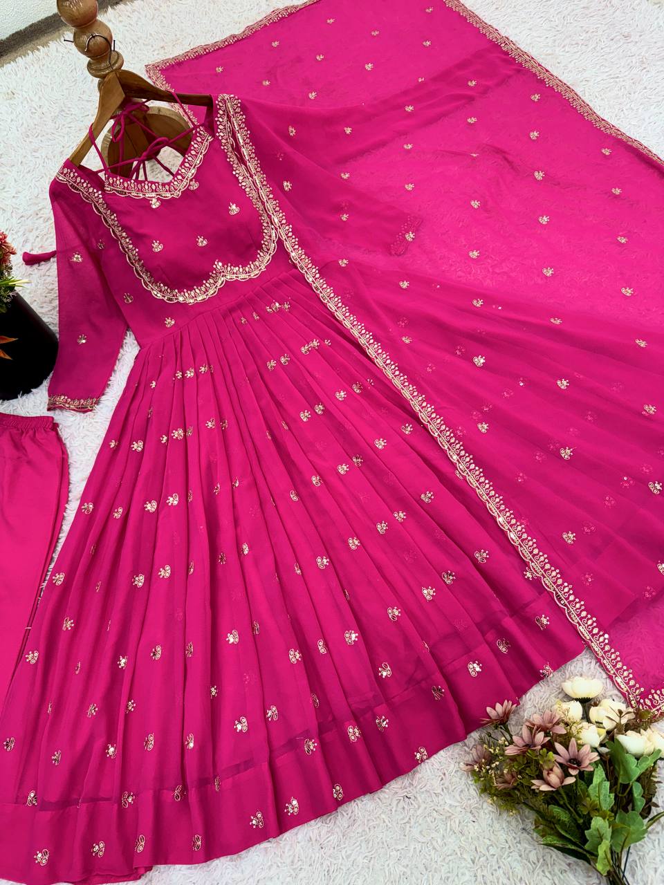 Hot Pink Embroidered Georgette Anarkali Suit with Dupatta – Festive & Wedding Wear