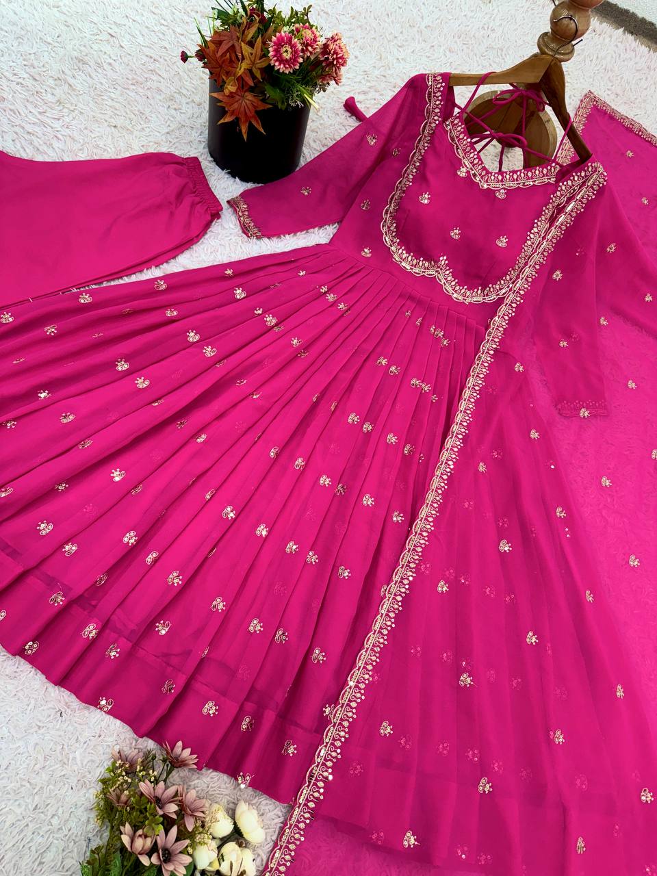 Hot Pink Embroidered Georgette Anarkali Suit with Dupatta – Festive & Wedding Wear