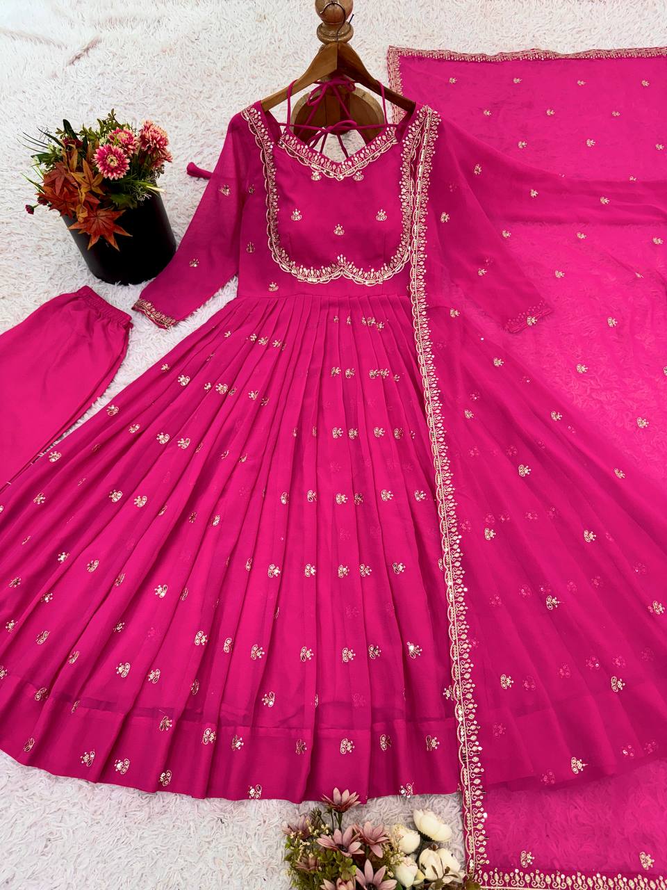 Hot Pink Embroidered Georgette Anarkali Suit with Dupatta – Festive & Wedding Wear