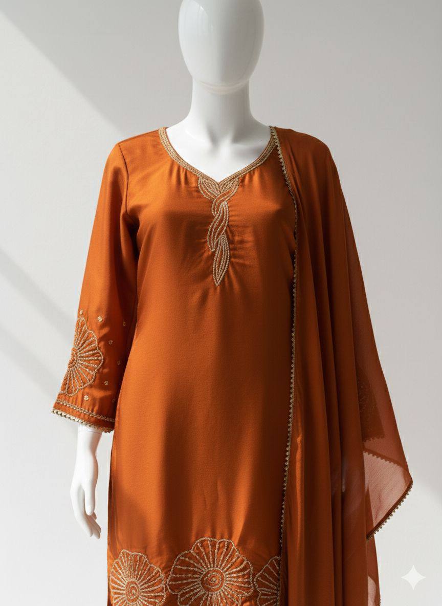 Rust Orange Straight-Cut Kurta Set with Traditional Beads Work