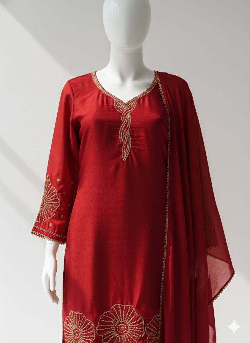 Rust Orange Straight-Cut Kurta Set with Traditional Beads Work