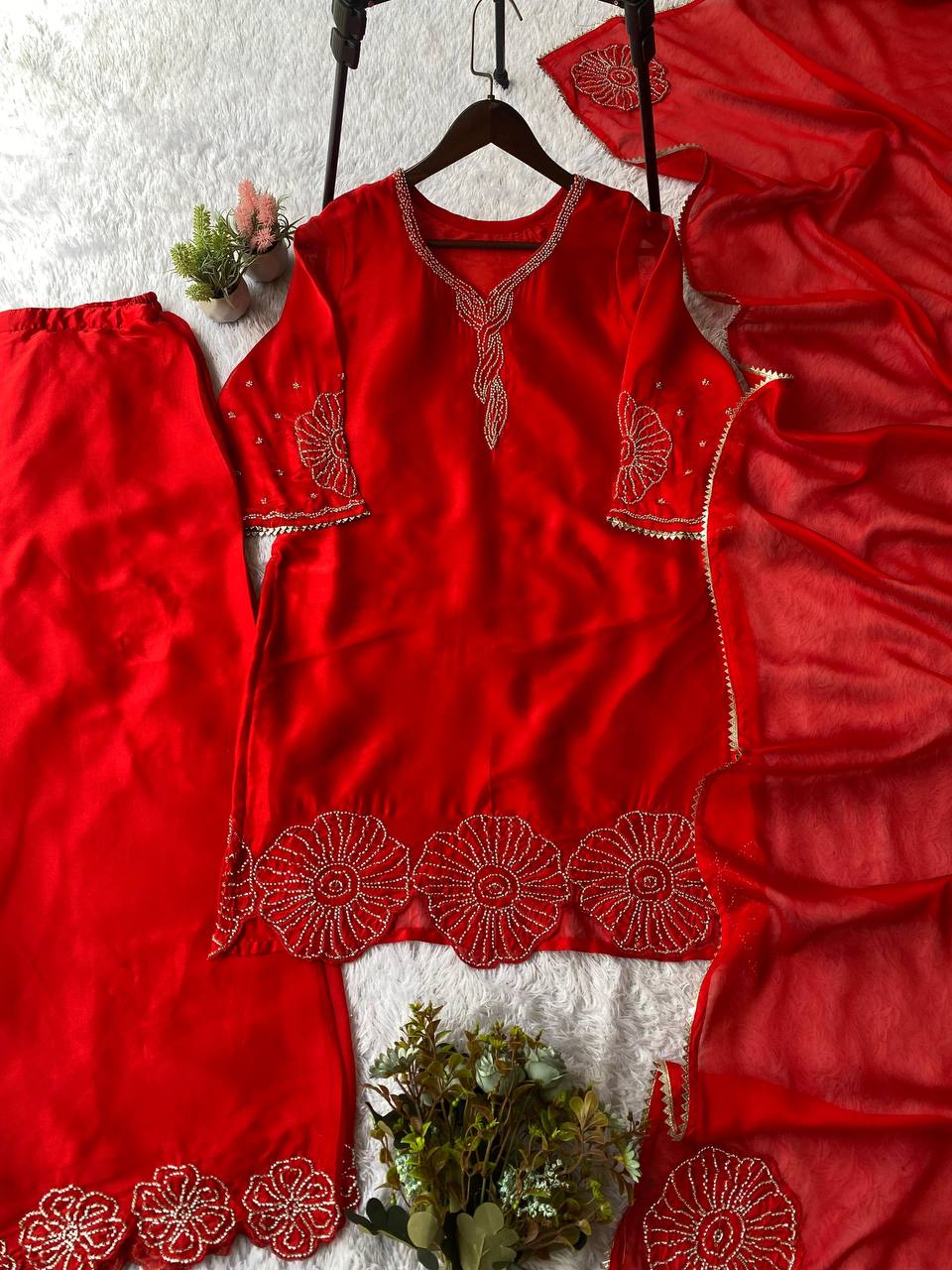 Rust Orange Straight-Cut Kurta Set with Traditional Beads Work