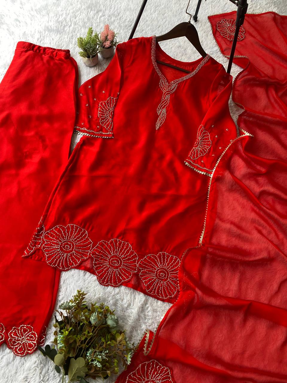 Rust Orange Straight-Cut Kurta Set with Traditional Beads Work