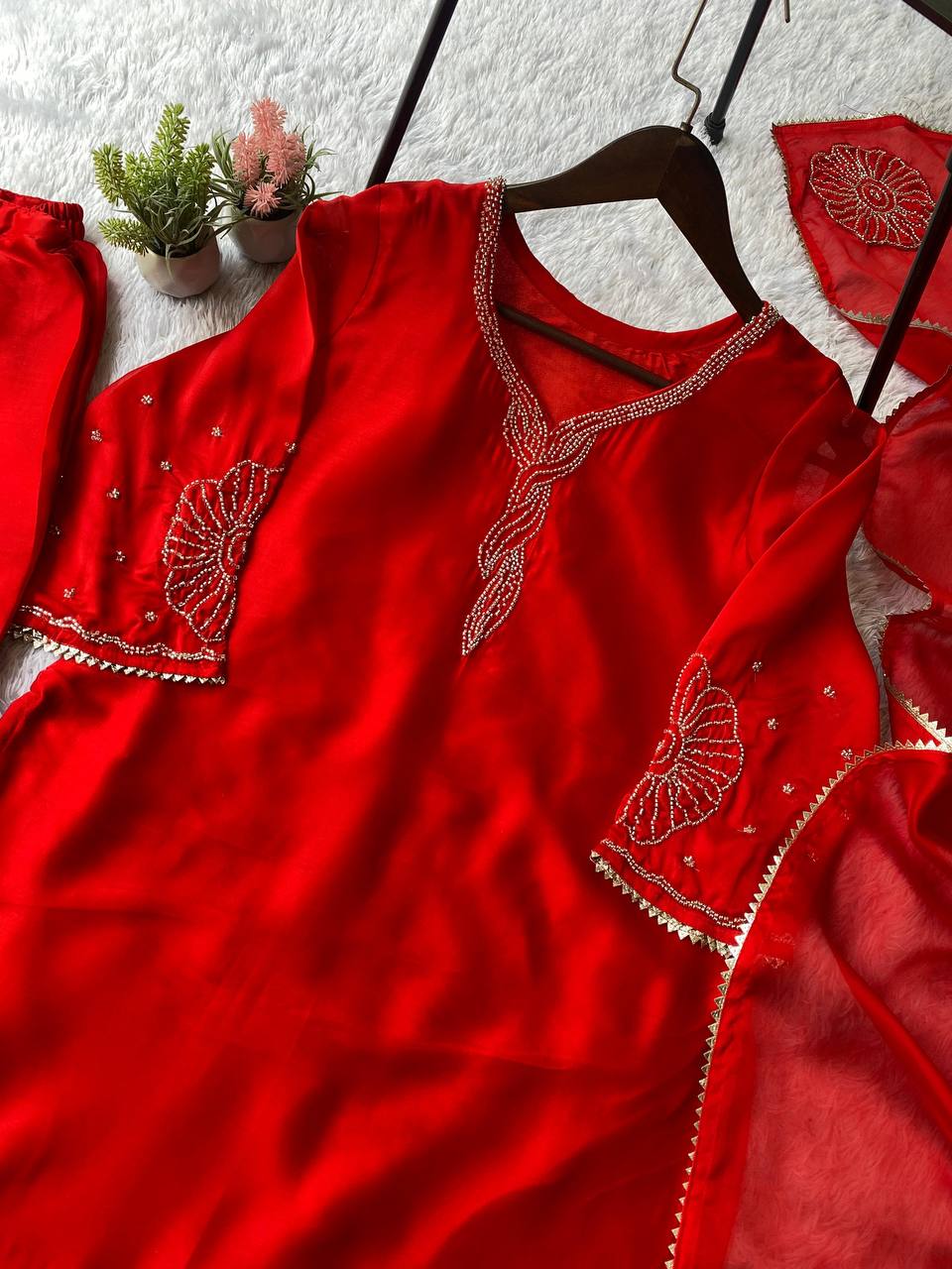 Rust Orange Straight-Cut Kurta Set with Traditional Beads Work