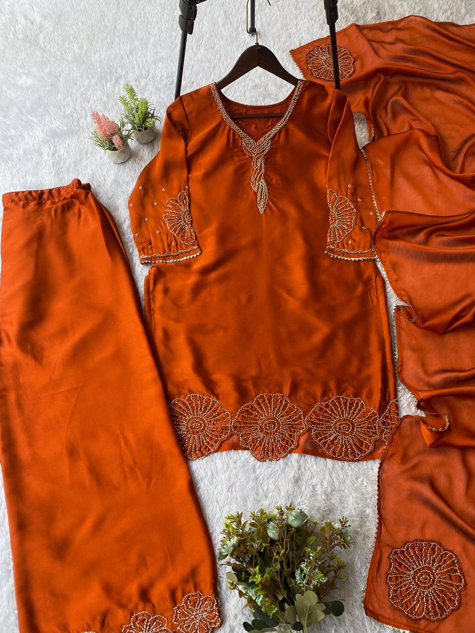 Rust Orange Straight-Cut Kurta Set with Traditional Beads Work