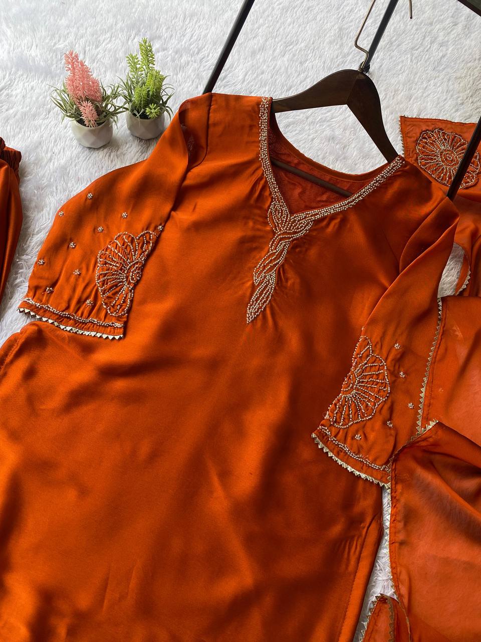 Rust Orange Straight-Cut Kurta Set with Traditional Beads Work