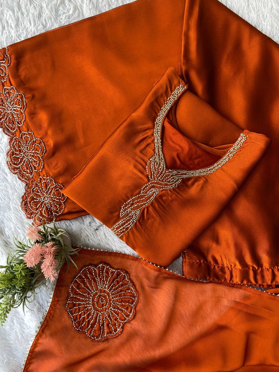 Rust Orange Straight-Cut Kurta Set with Traditional Beads Work