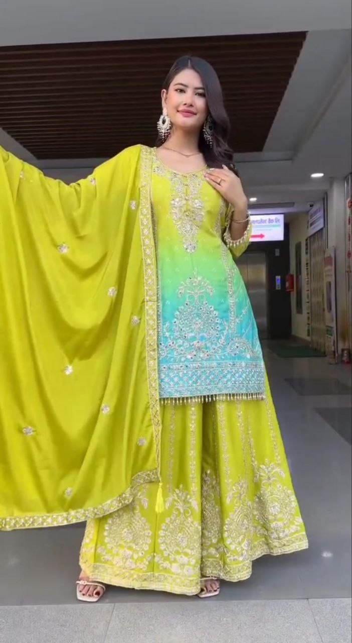 Stylish Ombre Kurta Palazzo Set with Intricate Embroidery