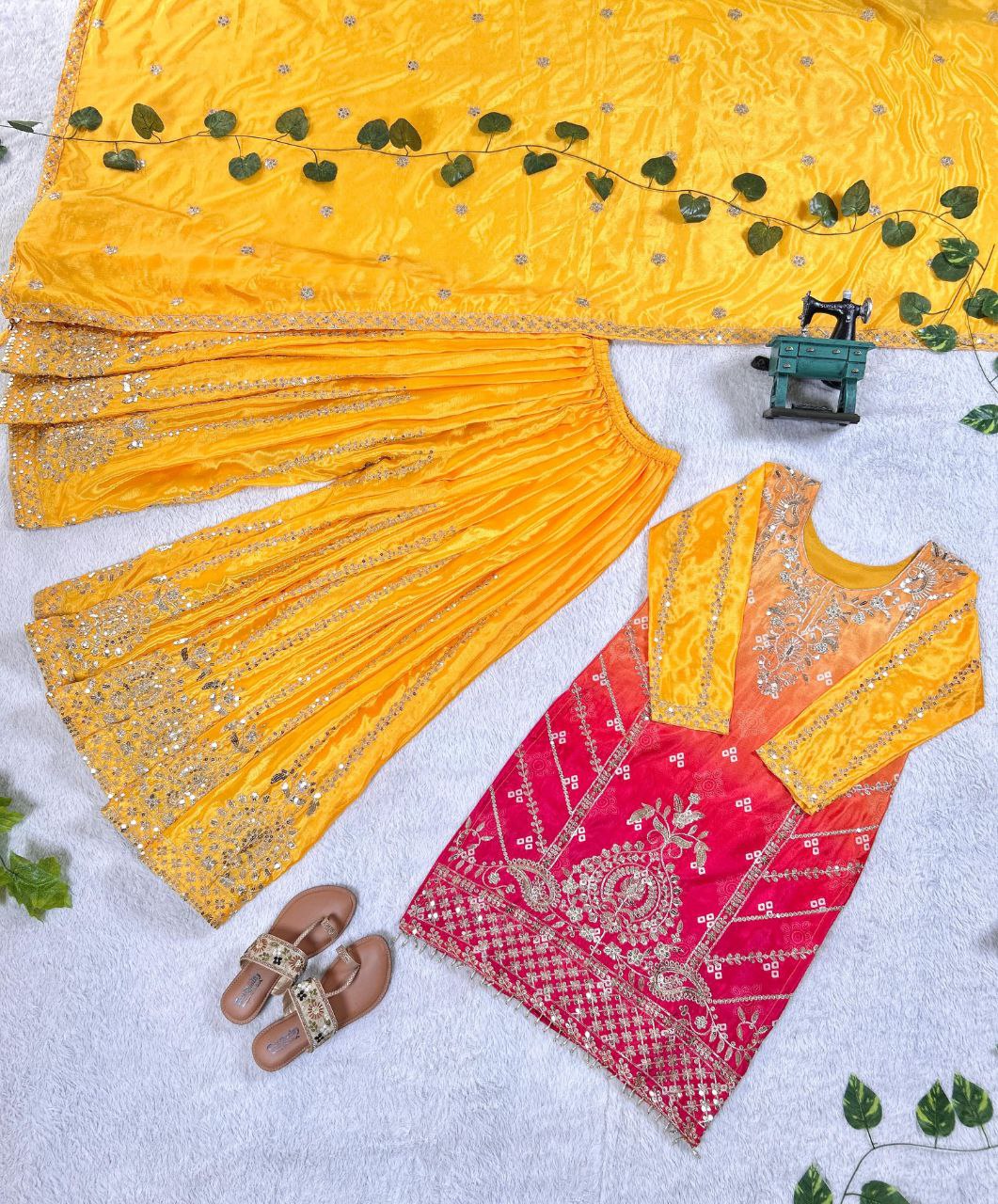 Stylish Ombre Kurta Palazzo Set with Intricate Embroidery