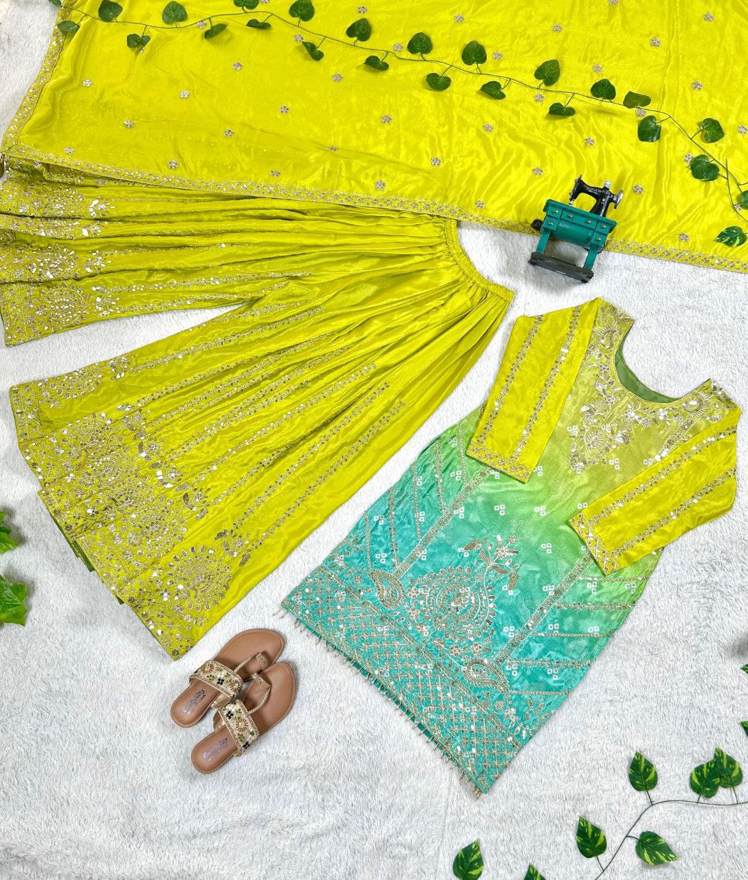 Stylish Ombre Kurta Palazzo Set with Intricate Embroidery