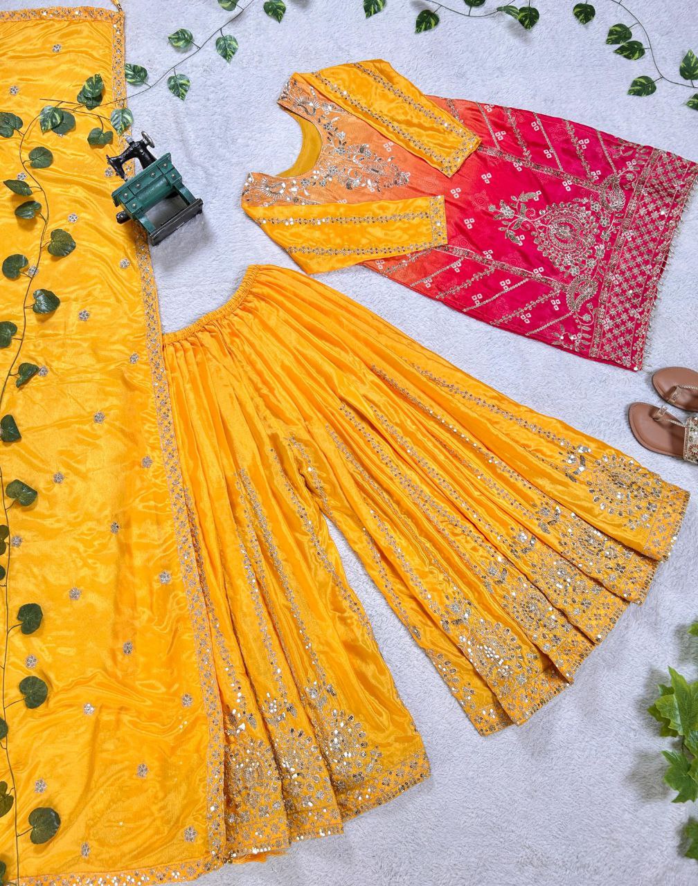 Stylish Ombre Kurta Palazzo Set with Intricate Embroidery