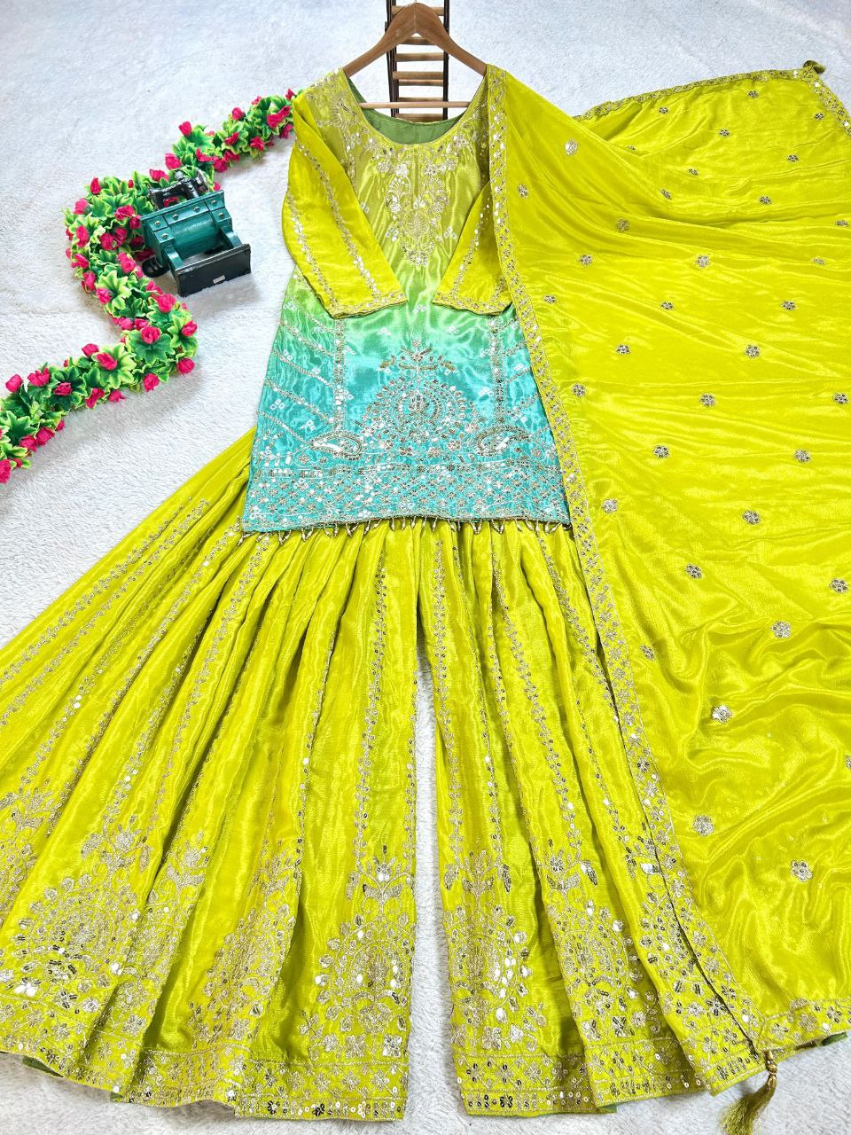 Stylish Ombre Kurta Palazzo Set with Intricate Embroidery