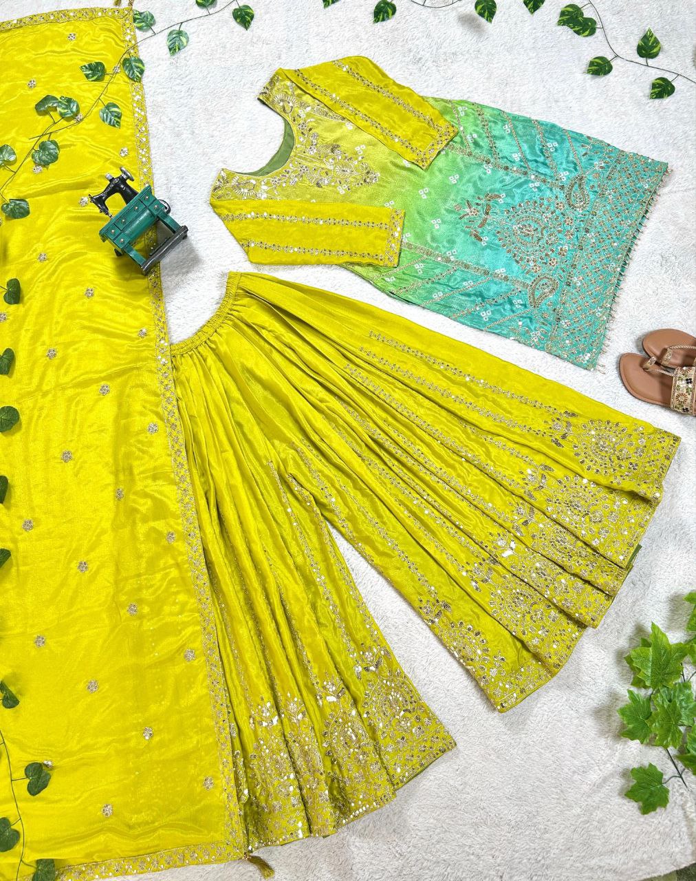 Stylish Ombre Kurta Palazzo Set with Intricate Embroidery