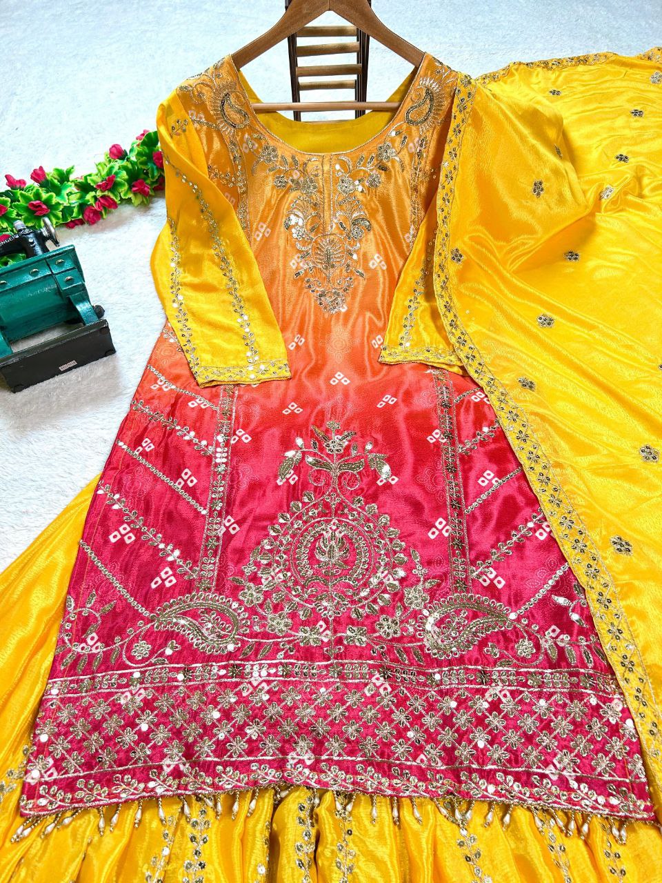 Stylish Ombre Kurta Palazzo Set with Intricate Embroidery