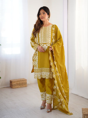 Mustard Yellow Embroidered Salwar Suit with Dupatta For Festive Ethnic Wear