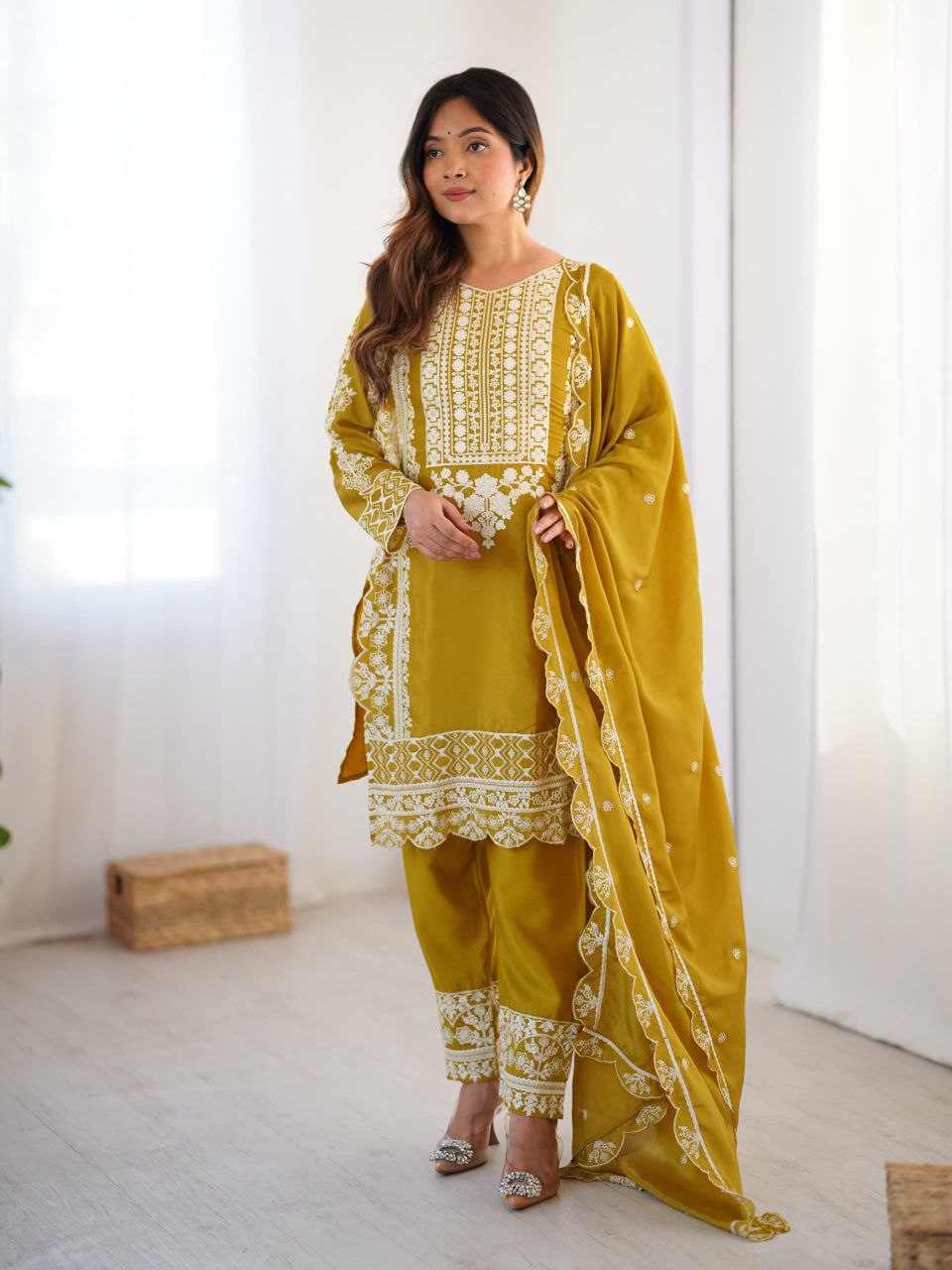 Mustard Yellow Embroidered Salwar Suit with Dupatta For Festive Ethnic Wear
