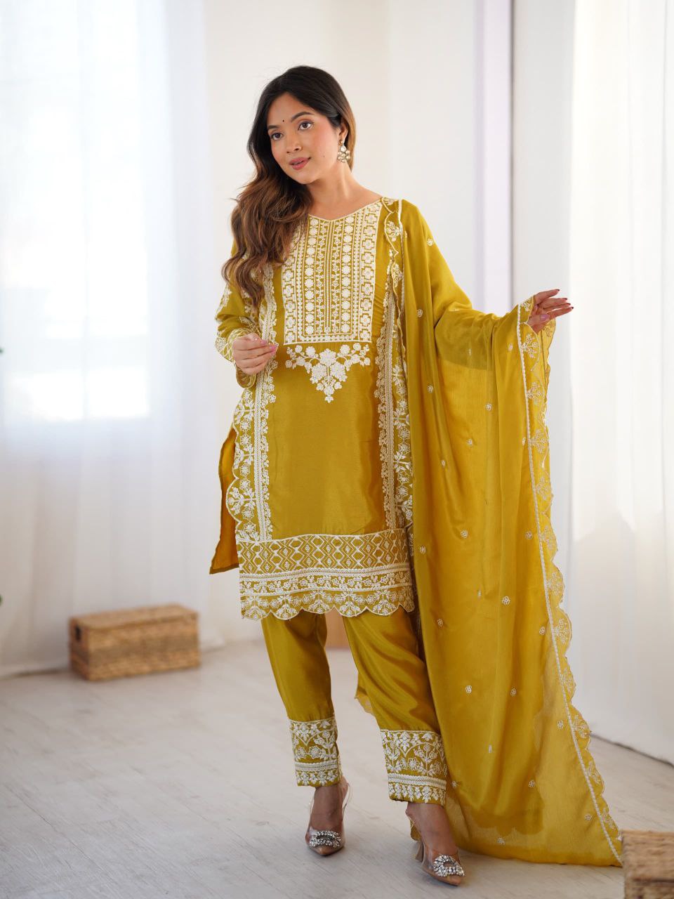 Mustard Yellow Embroidered Salwar Suit with Dupatta For Festive Ethnic Wear