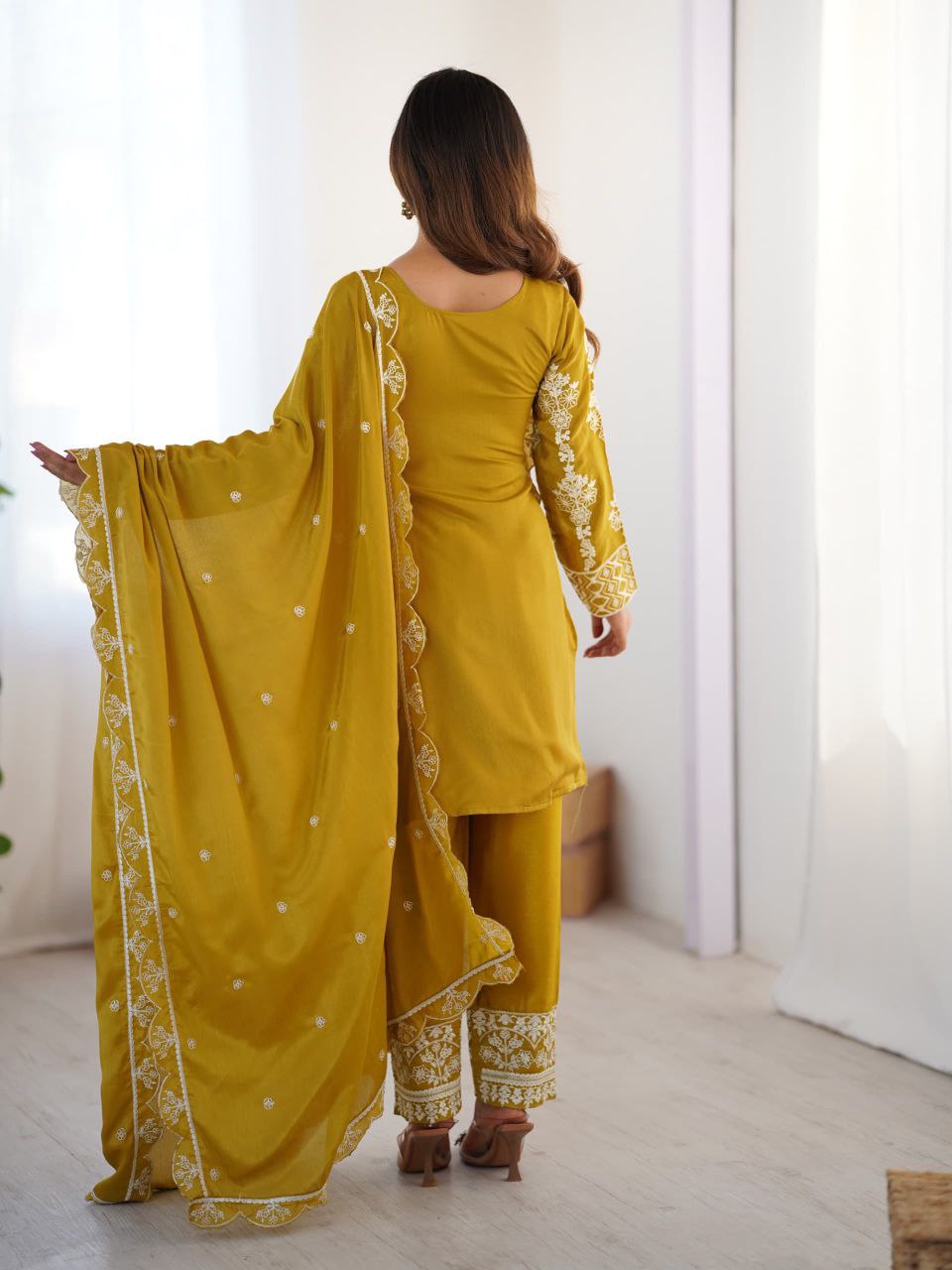 Mustard Yellow Embroidered Salwar Suit with Dupatta For Festive Ethnic Wear
